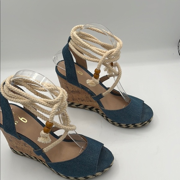 Mix No. 6 Denim Open Toe Strappy Ankle Wrap Wedge Sandals - Picture 3 of 11